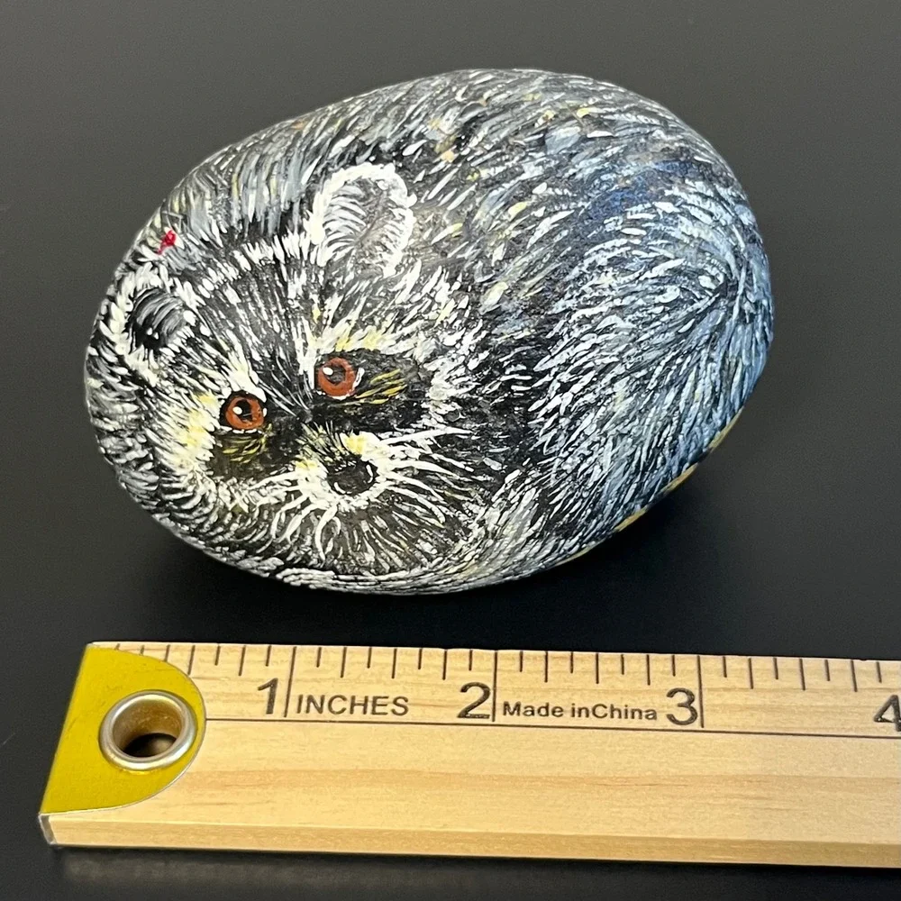 Signed Hand‎ Painted River Rock Curled Raccoon Paperweight Woodland Vintage